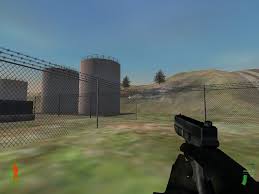 First-person view across an open yard with perimeter fencing and a pistol visible